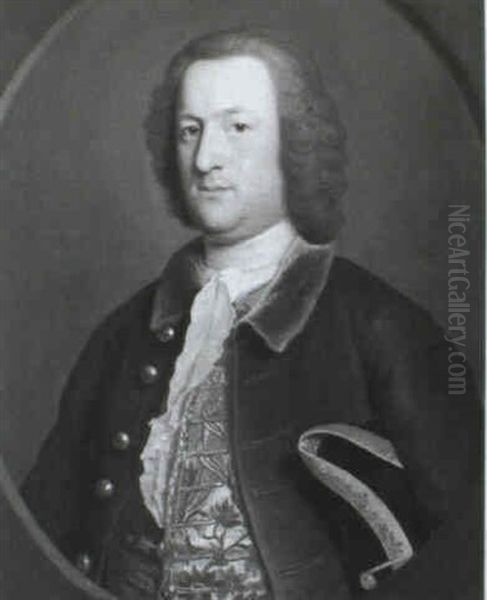 Portrait Of A Gentleman, Half Length, Wearing An Ornately   Decorated Waistcoat, Brown Coat And Holding A Tricorn Hat Oil Painting by Thomas Hudson