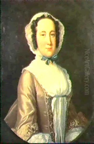 Portrait Of A Lady, Half Length, Wearing A Brown Dress,     Lace Collar, And White Lace Cap... Oil Painting by Thomas Hudson