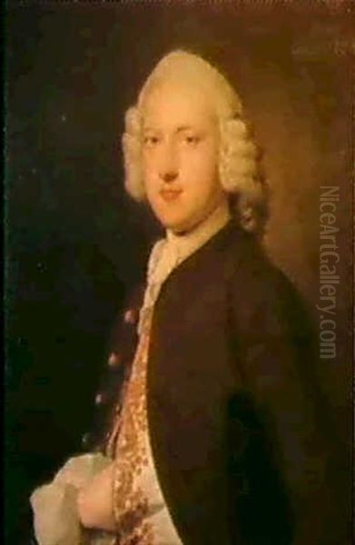 Portrait Of Walter Oborne, Half Length, Wearing A Brown Coatand Gold Embroidered Waist Coat Oil Painting by Thomas Hudson