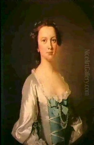 Portrait Of Mrs Mary Oborne Nee Laughton, Half Length,      Wearing A White Silk Dress With Blue Bodice & Pearls... Oil Painting by Thomas Hudson