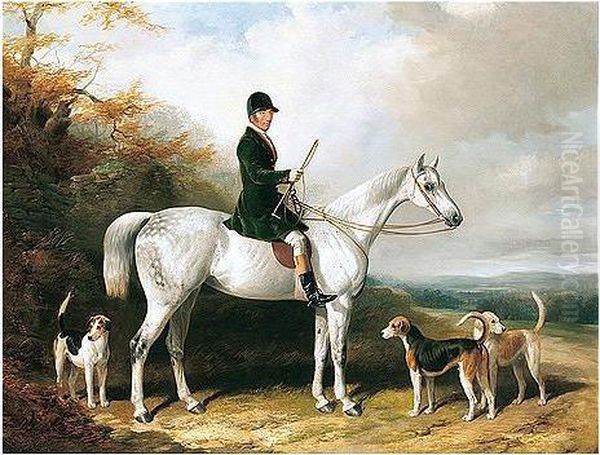 William Long, Huntsman To The Beaufort, On His Grey Hunter Bertha With Three Hounds Oil Painting by Henry Barraud