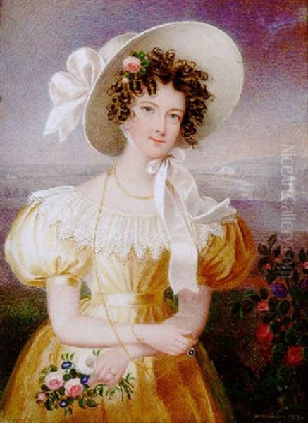 A Pretty Young Lady Wearing Yellow Dress With White Lace Collar Oil Painting by William Hudson