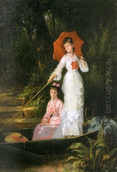 Two Elegantly Dressed Women In A Skiff, Fishing Oil Painting by Charles Desire Hue