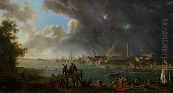 View Of The Port Of Lorient, Brittany Oil Painting by Jean Francois Hue