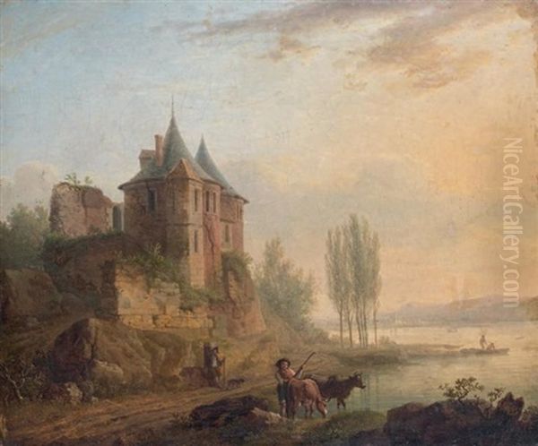 Paysage A La Riviere Surmontee D'un Chateau Avec Un Patre Et Ses Betes Oil Painting by Jean Francois Hue