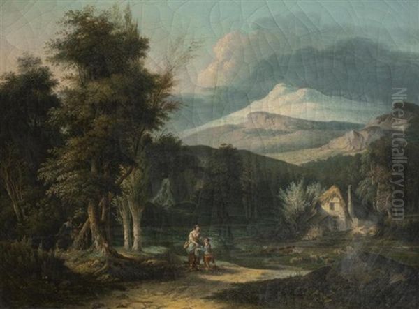 Paysage De Foret Avec Une Bergere Et Son Enfant Oil Painting by Jean Francois Hue