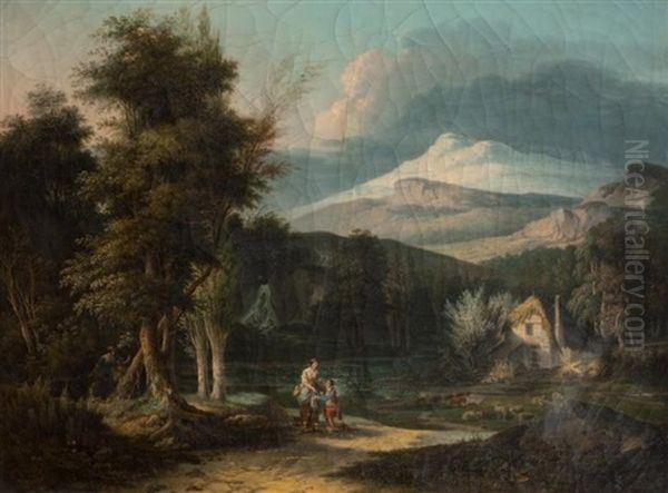 Paysage De Foret Avec Une Bergere Et Son Enfant Oil Painting by Jean Francois Hue