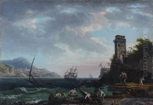 Pecheurs Ramassant Leurs Filets Dans Un Port Oil Painting by Jean Francois Hue