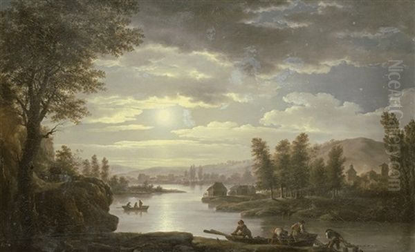 Pecheurs Relevant Des Filets Au Clair De Lune Oil Painting by Jean Francois Hue