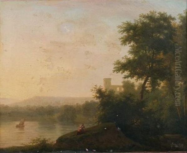 Vue D'un Lac Italien Surmonte D'un Palais Oil Painting by Jean Francois Hue