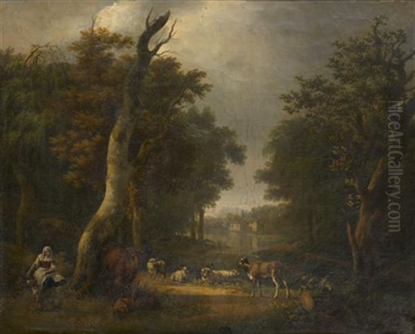 Paysage Avec Bergere Et Son Troupeau Oil Painting by Jean Francois Hue