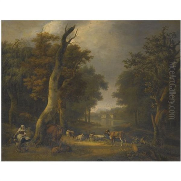 A Pastoral Landscape With A Peasant And Her Animals Oil Painting by Jean Francois Hue