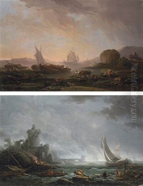 A Coastal Landscape With Ruins, With Fishing Boats In Choppy Waters (+ Fishing Boats In Calm Waters; Pair) Oil Painting by Jean Francois Hue