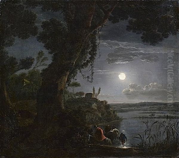 Voyageurs Traversant La Riviere Au Clair De Lune Oil Painting by Jean Francois Hue