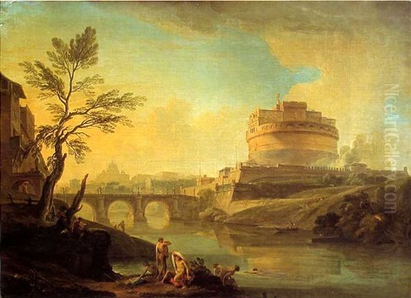 Baigneurs Dans Le Tibre Devant Le Chateau Saint Ange A Rome Oil Painting by Jean Francois Hue