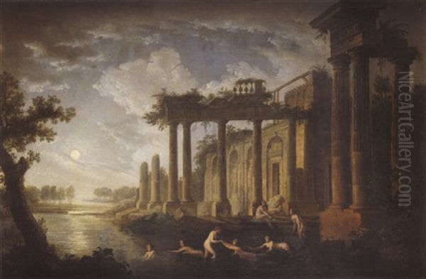 Baigneuses Pres D'un Lac Au Bord Des Ruines D'un Temple Antique Au Clair De Lune Oil Painting by Jean Francois Hue