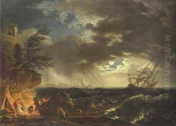 A Shipwreck In Stormy Seas With Survivors At A Campfire On A Rocky Coastline In The Foreground, A Lighthouse In The Distance Oil Painting by Jean Francois Hue