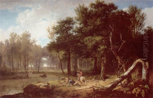 Wooded Landscape With Huntsmen Resting In A Glade Beside A Pond Oil Painting by Jean Francois Hue