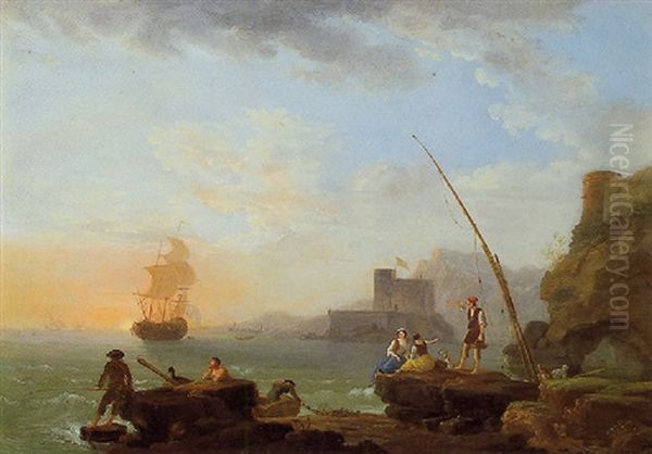 Fishermen And Other Figures Along A Shoreline With A Sailboat In The Distance Oil Painting by Jean Francois Hue