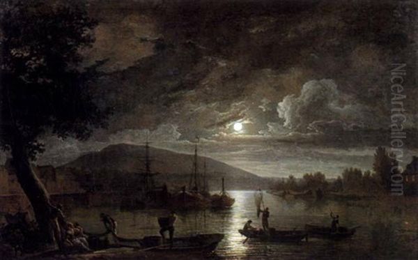 Pecheurs Au Clair De Lune Oil Painting by Jean Francois Hue