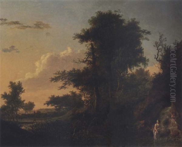 Extensive Landscape With A Woman Bathing Near A Waterfall And Figures Watching From Afar Oil Painting by Jean Francois Hue