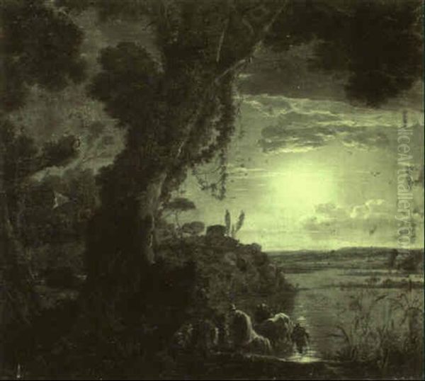 Travellers With Cattle Approaching A River Bed In A Moonlit Landscape Oil Painting by Jean Francois Hue