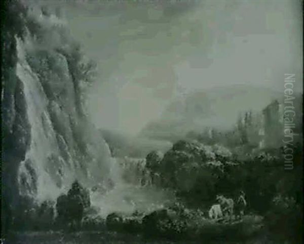 Paysage A La Cascade Oil Painting by Jean Francois Hue