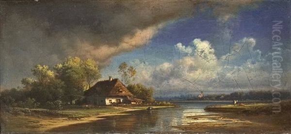 A Farm By The River Oil Painting by Hans Hueber