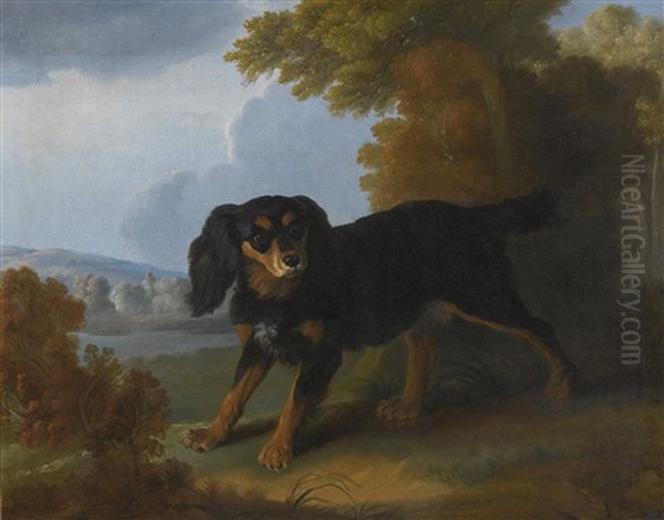 Portrait Of Mimi, Madame De Pompadour's King Charles Spaniel, In A Landscape Oil Painting by Christophe Huet