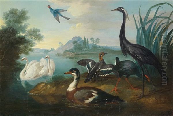 A Pair Of Lakeside Landscapes With Aquatic Birds Oil Painting by Christophe Huet