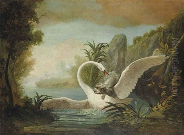 Epagneul Attaquant Un Cygne Oil Painting by Christophe Huet