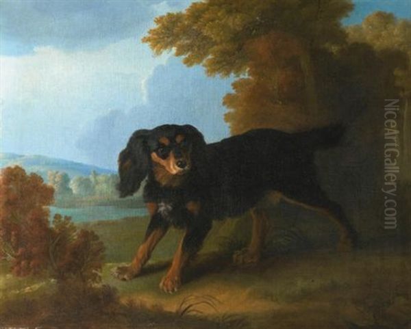 Portrait Of Mimi, Madame De Pompadour's King Charles Spaniel, In A Landscape Oil Painting by Christophe Huet