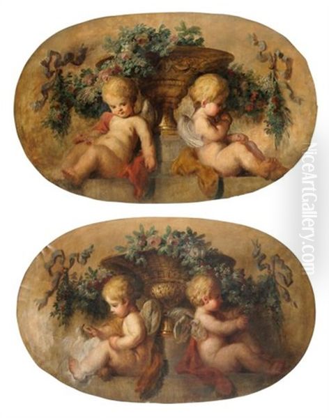 Putti Encadrant Un Vase Fleuri (pair) Oil Painting by Christophe Huet