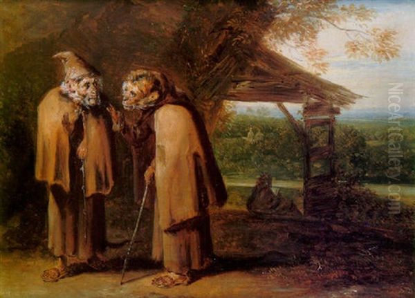 Two Monkeys Dressed As Pilgrims Conversing In A Landscape Oil Painting by Christophe Huet