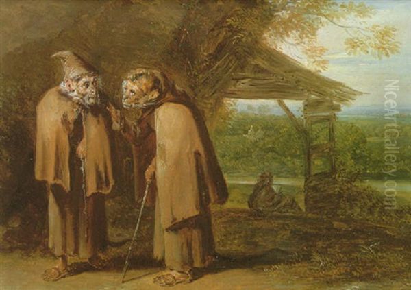 Two Monkeys Dressed As Pilgrims Conversing In A Landscape Oil Painting by Christophe Huet