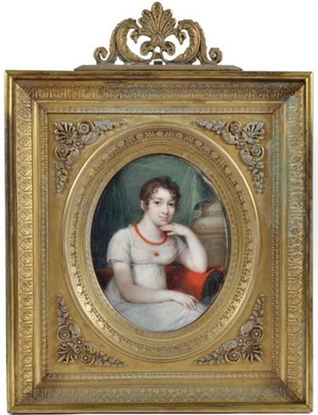 Portrait De Femme En Robe Blanche, Assise Dans Un Fauteuil Devant Un Rideau Vert Clair Et Une Colonne Oil Painting by Francois Huet