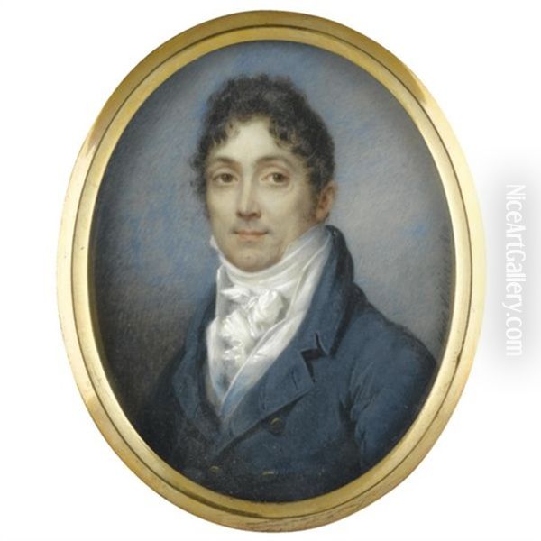 Portrait Of A Gentleman Wearing A Blue Coat With A White Waistcoat And Cravat Oil Painting by Francois Huet