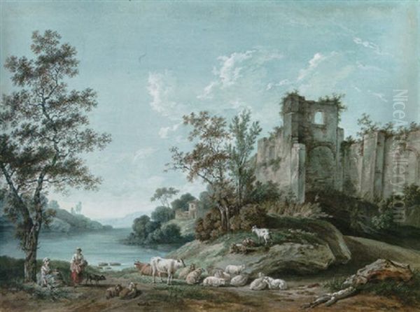 An Extensive River Landscape With The Ruins Of An Abbey, Shepherds In The Foreground Oil Painting by Francois Huet