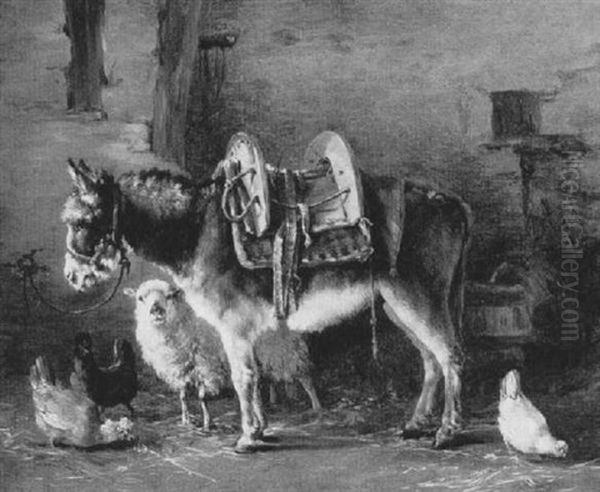 Barn Interior With A Donkey And Other Animals by Francois Huet