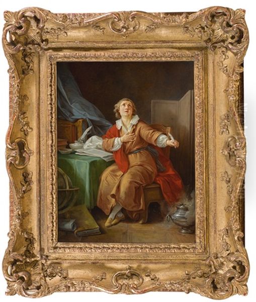 Portrait Of Marie-joseph Chenier (1764-1811), A Quill In His Left Hand Oil Painting by Jean Baptiste Huet