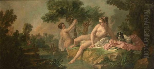 Deux Nymphes Et Leur Chien Pres D'un Plan D'eau Oil Painting by Jean Baptiste Huet