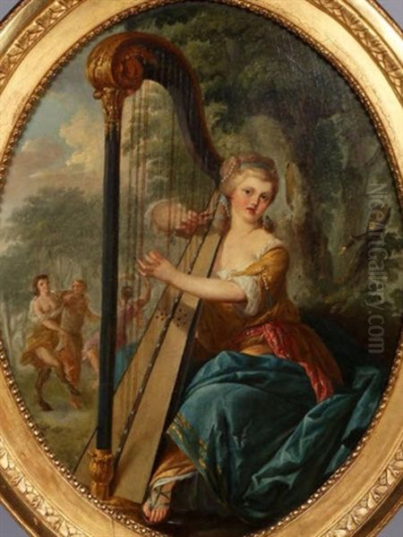 Une Jeune Femme A La Harpe Devant Une Bacchanale Dans Un Jardin Oil Painting by Jean Baptiste Huet