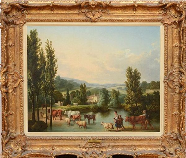 A Shepherd And His Family With Their Livestock Fording A Stream In An Extensive Landscape Oil Painting by Jean Baptiste Huet