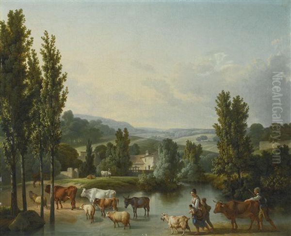 A Shepherd And His Family With Their Livestock Fording A Stream In An Extensive Landscape Oil Painting by Jean Baptiste Huet