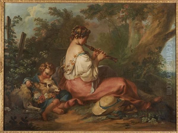 Bergere A La Flute Oil Painting by Jean Baptiste Huet