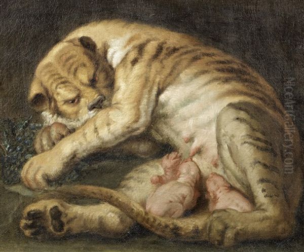 A Tigress With Her Cubs Oil Painting by Jean Baptiste Huet