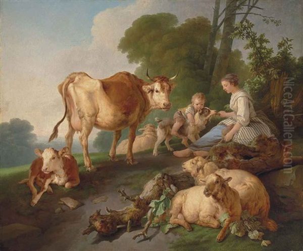 A Shepherdess And A Boy With Cattle And Sheep In A Wooded Landscape Oil Painting by Jean Baptiste Huet