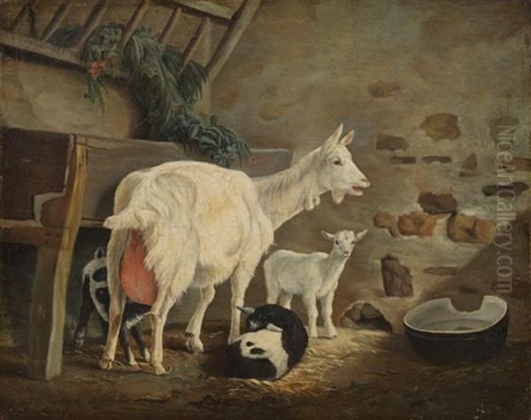 La Chevre Et Ses Chevreaux Oil Painting by Jean Baptiste Huet