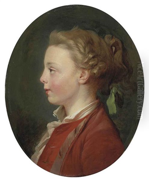 Portrait Of A Child, In A Red Coat And White Shirt, With A Green Ribbon Oil Painting by Jean Baptiste Huet