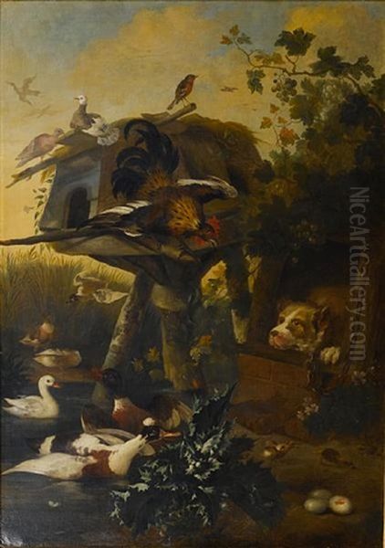 A Chaffinch, Doves And Waterfowl In A Landscape With A Dog In Its Kennel Oil Painting by Jean Baptiste Huet